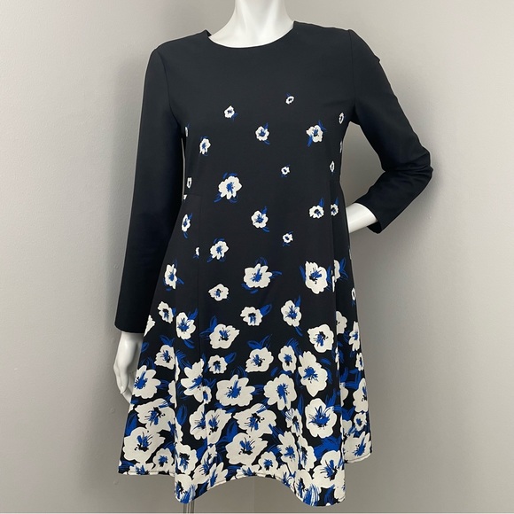 CECE Black Blue White Floral 3/4 Length Sleeve Dress - Picture 1 of 8